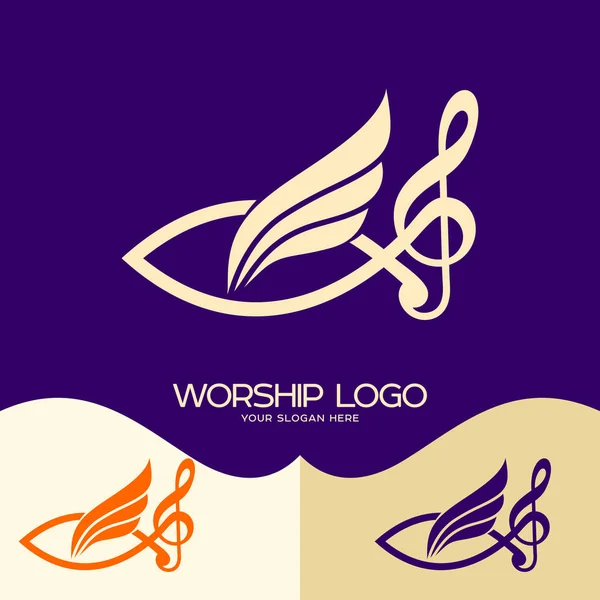 Aanbidden logo. Cristian symbolen. Jezus vis, muzieknoot - treble clef en vleugel — Stockvector