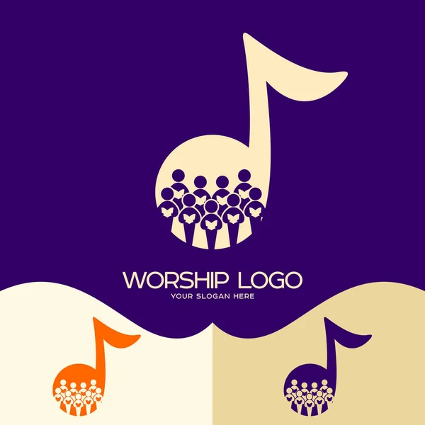 Worship logo. Cristian symbols. Choir in the background of a note — Stock Vector