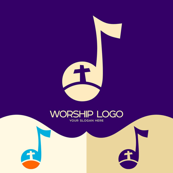 Worship logo. Cristian symbols. The Cross of Jesus in a musical note