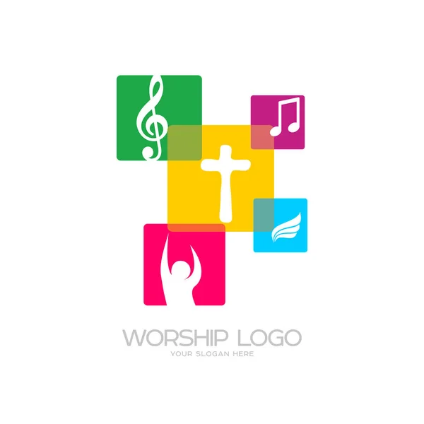 Logo d'adoration. Des symboles chrétiens. Croix de Jésus, notes de musique et glorification de Dieu — Image vectorielle