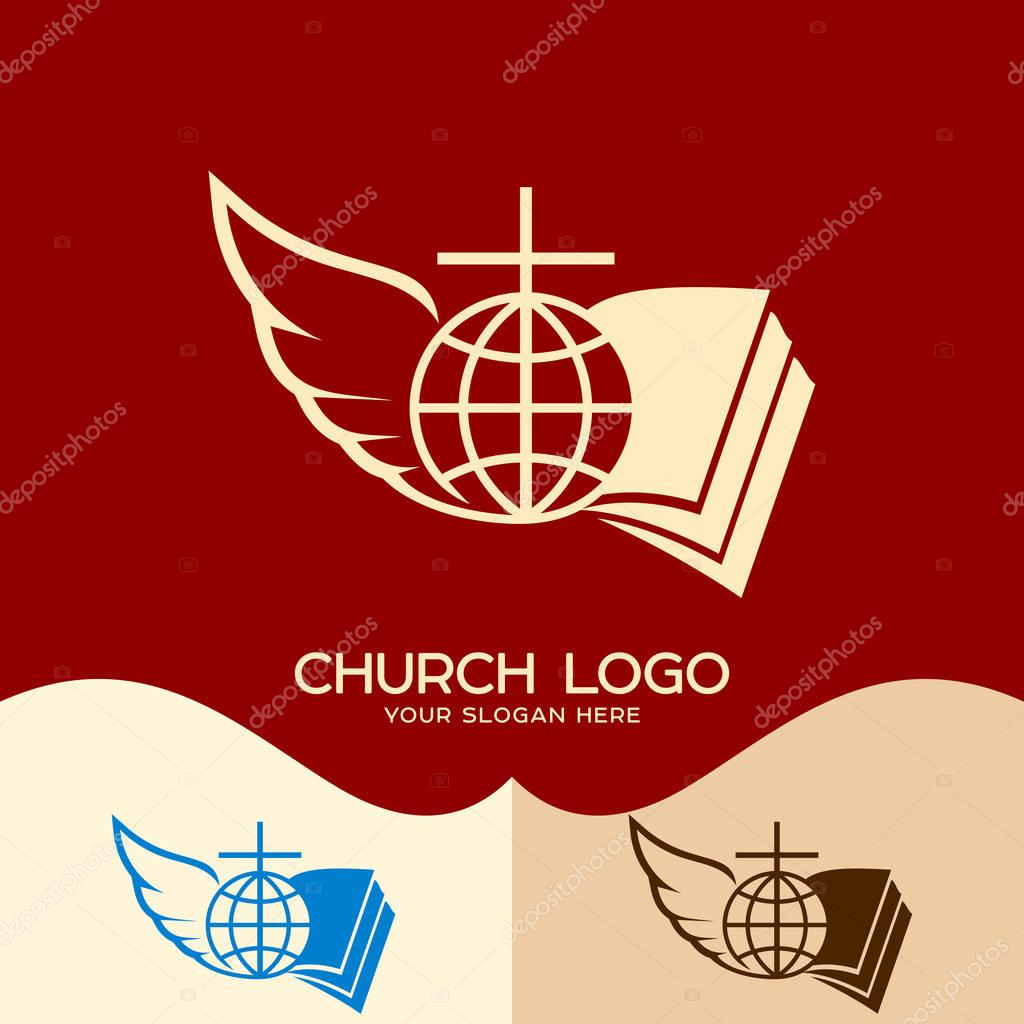 Church logo. Cristian symbols. Cross of Jesus, open bible, globe and angel wing
