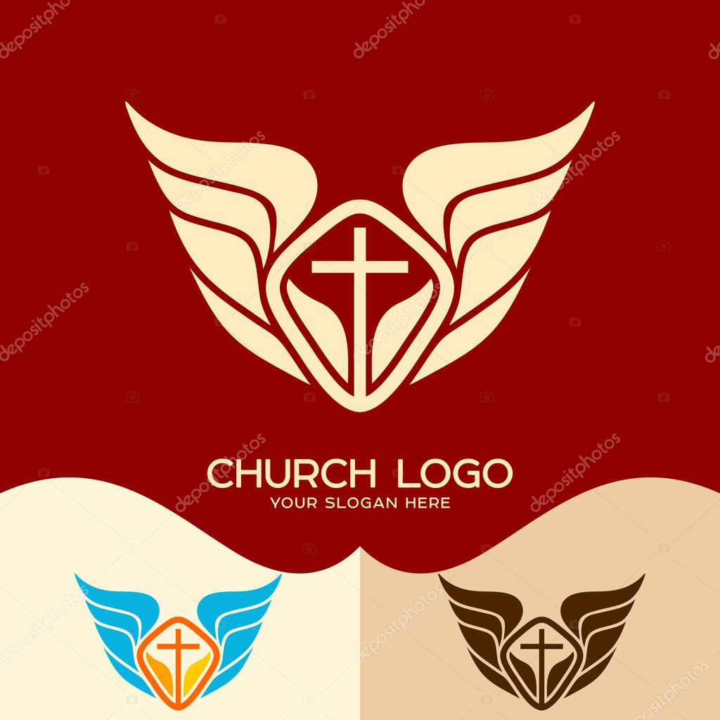 Church logo. Cristian symbols. The cross of Jesus and the wings of an angel