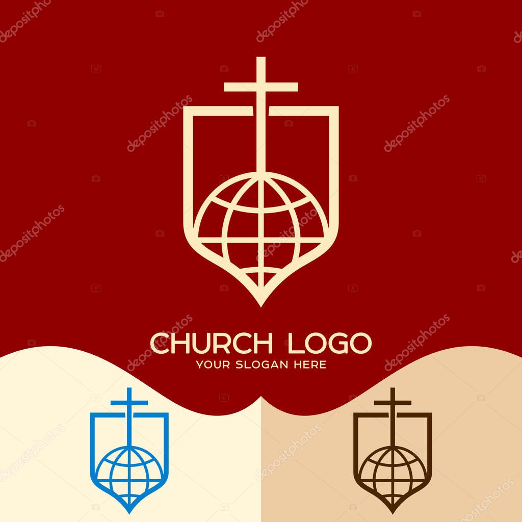Church logo. Cristian symbols. The cross of Jesus and the globe - the world