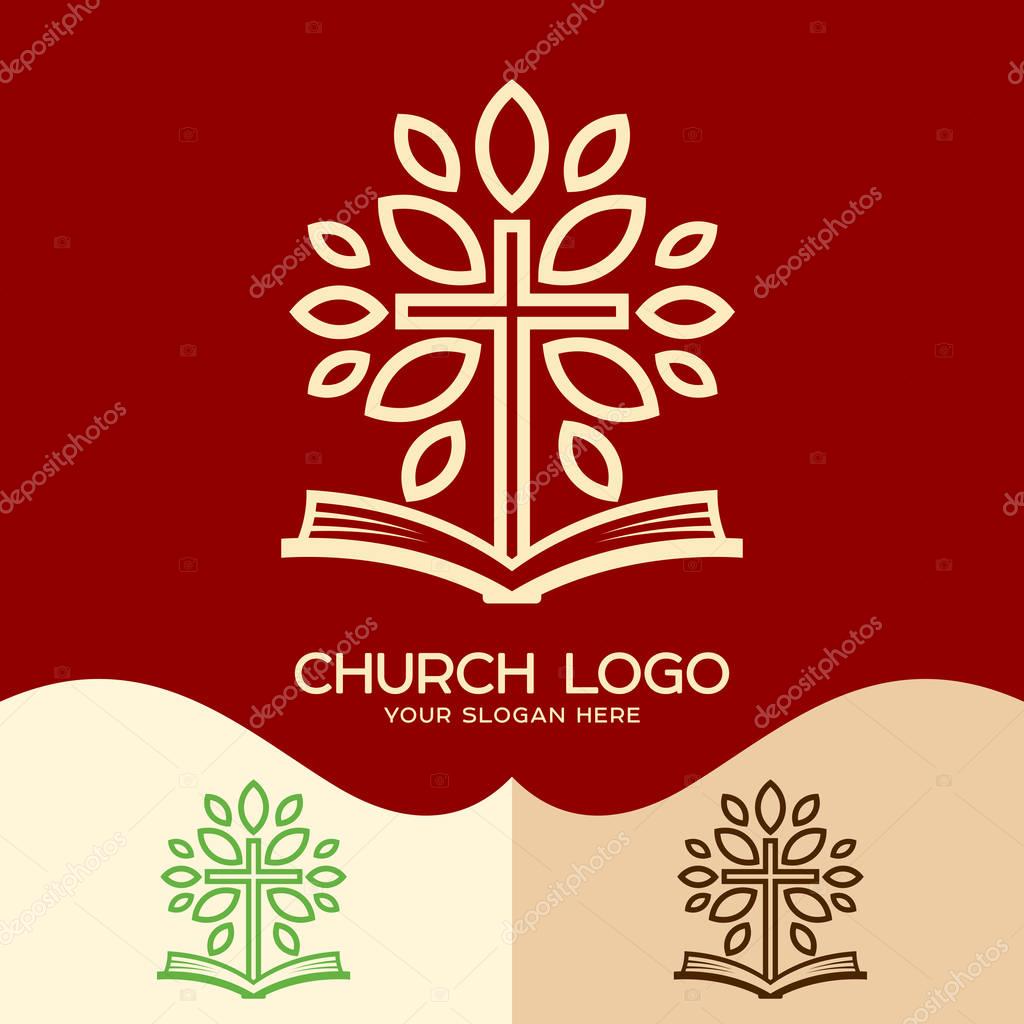 Church logo. Cristian symbols. The Cross and the Open Bible