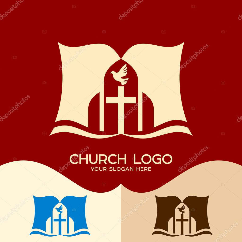Church logo. Cristian symbols. The cross of Jesus, the open bible and the dove - a symbol of the Holy Spirit