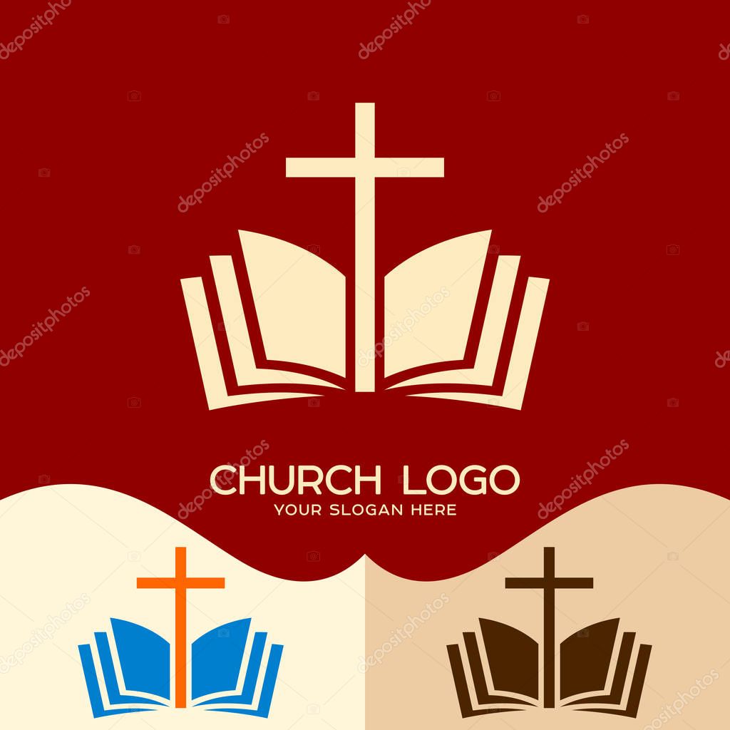 Church logo. Cristian symbols. The cross of Jesus and the open bible