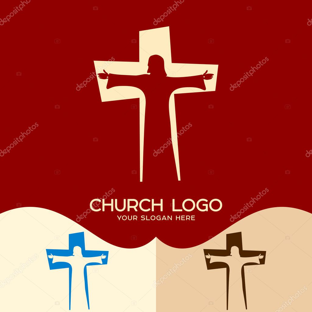 Church logo. Cristian symbols. Jesus Christ in the background of the cross