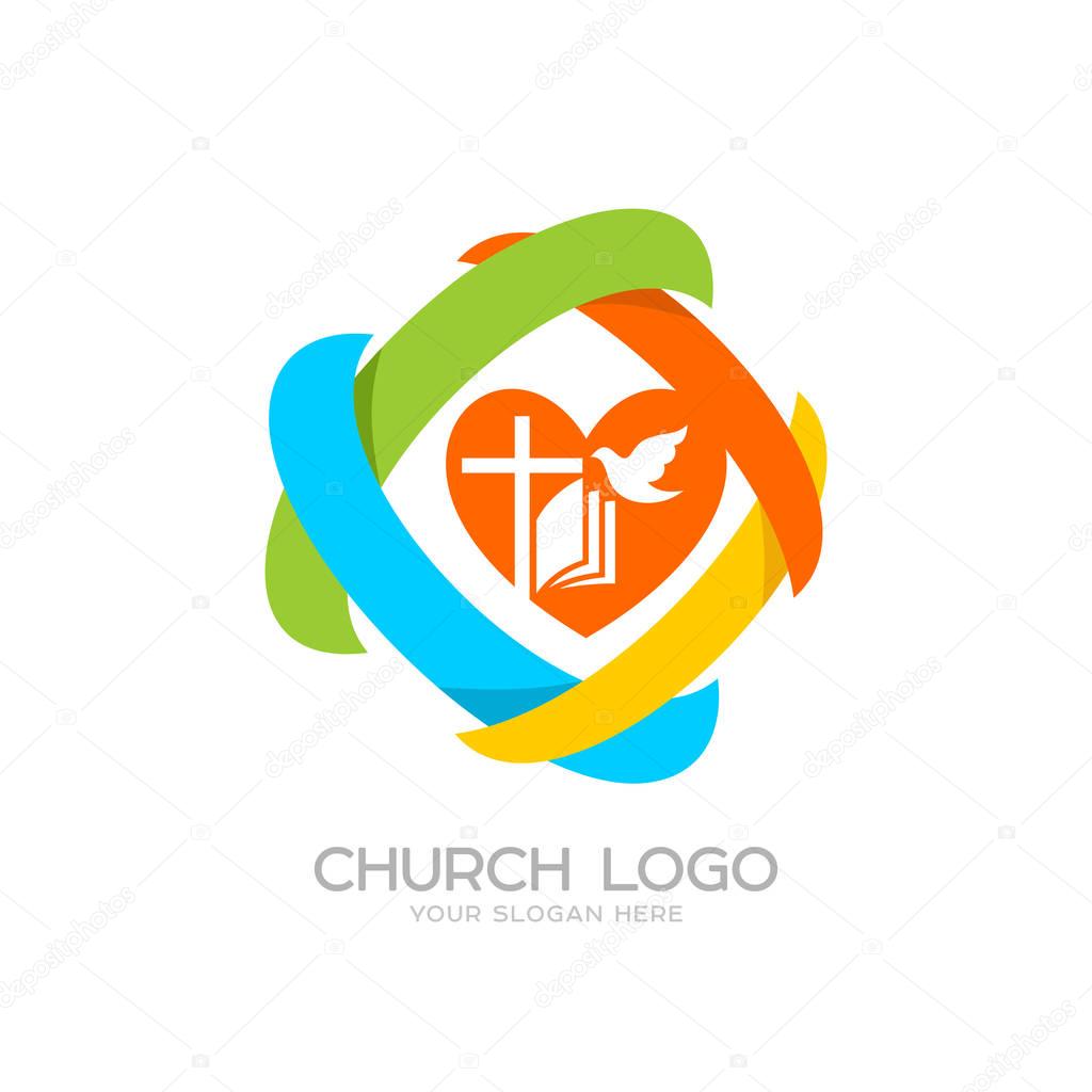 Church logo. Cristian symbols. Jesus cross, bible, dove, heart and colored elements