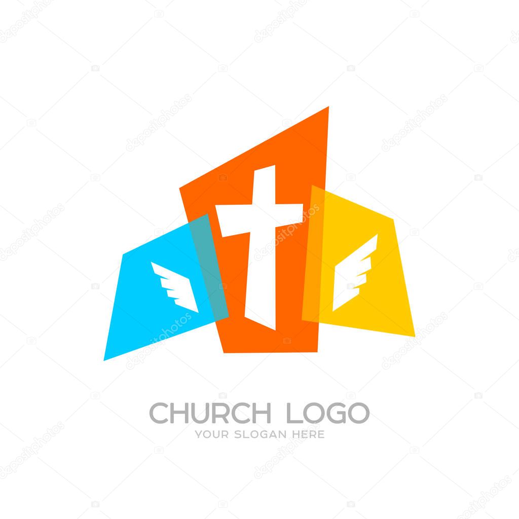 Church logo. Cristian symbols. The cross of Jesus and wings