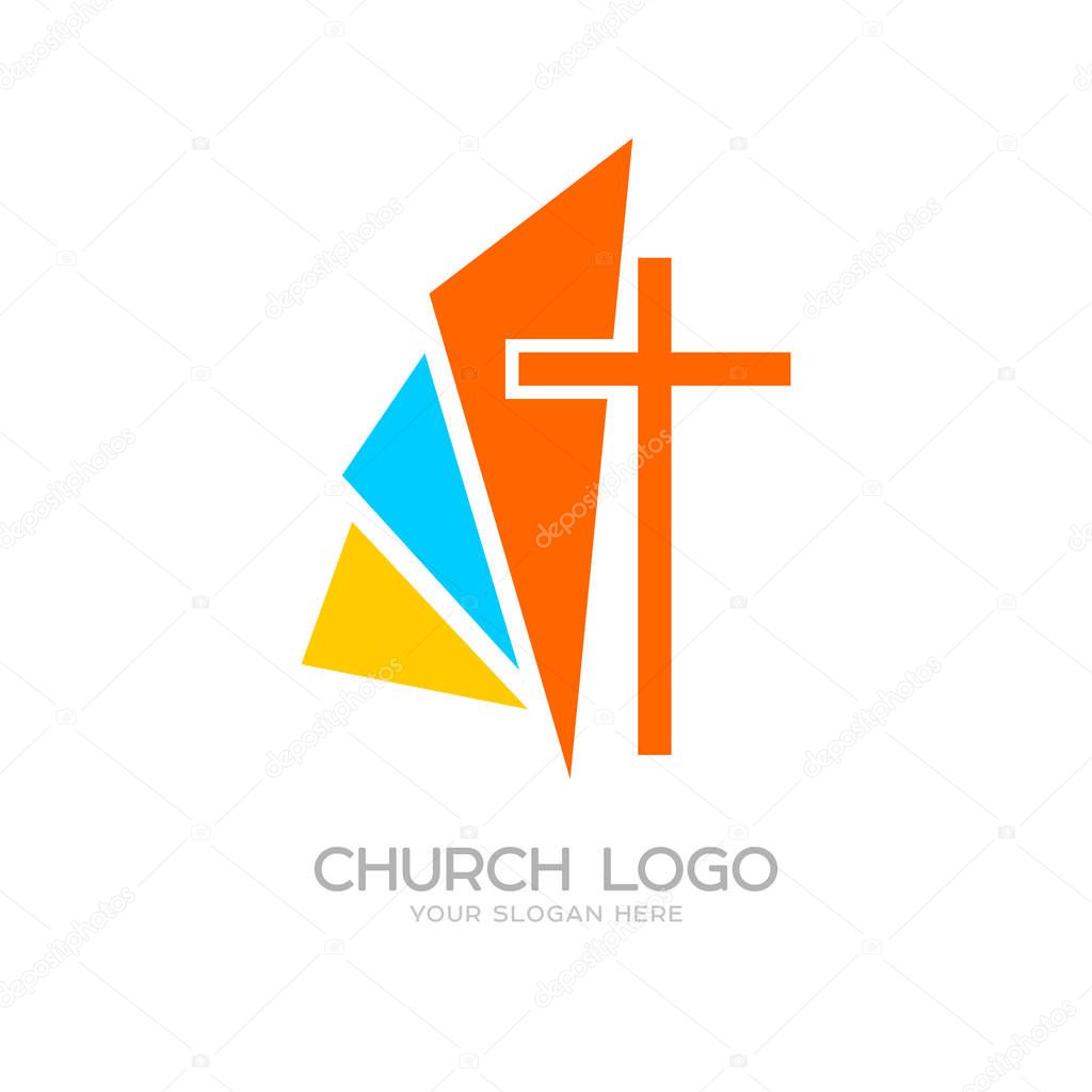 Church logo. Cristian symbols. The cross of Jesus and the colored elements