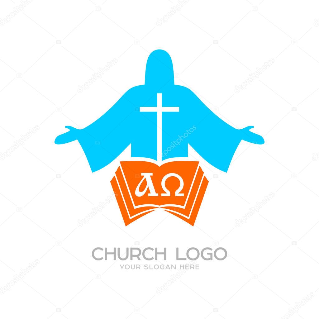 Church logo. Cristian symbols. Jesus Christ, the bible and the letters alpha and omega