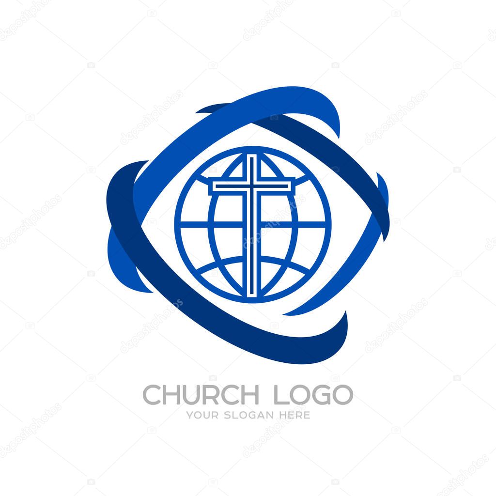 Church logo. Cristian symbols. The Cross of Jesus and the Globe