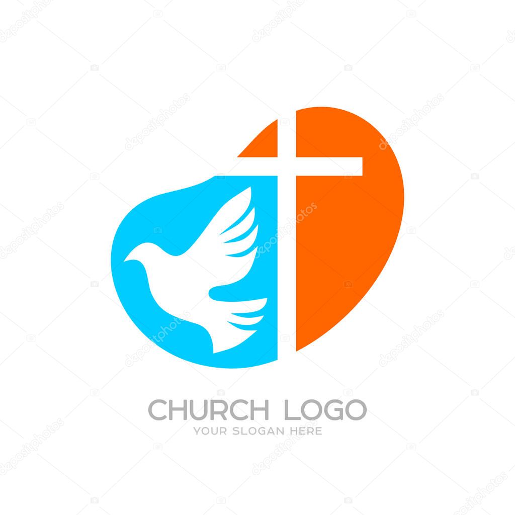 Church logo. Cristian symbols. The cross of Jesus and the dove