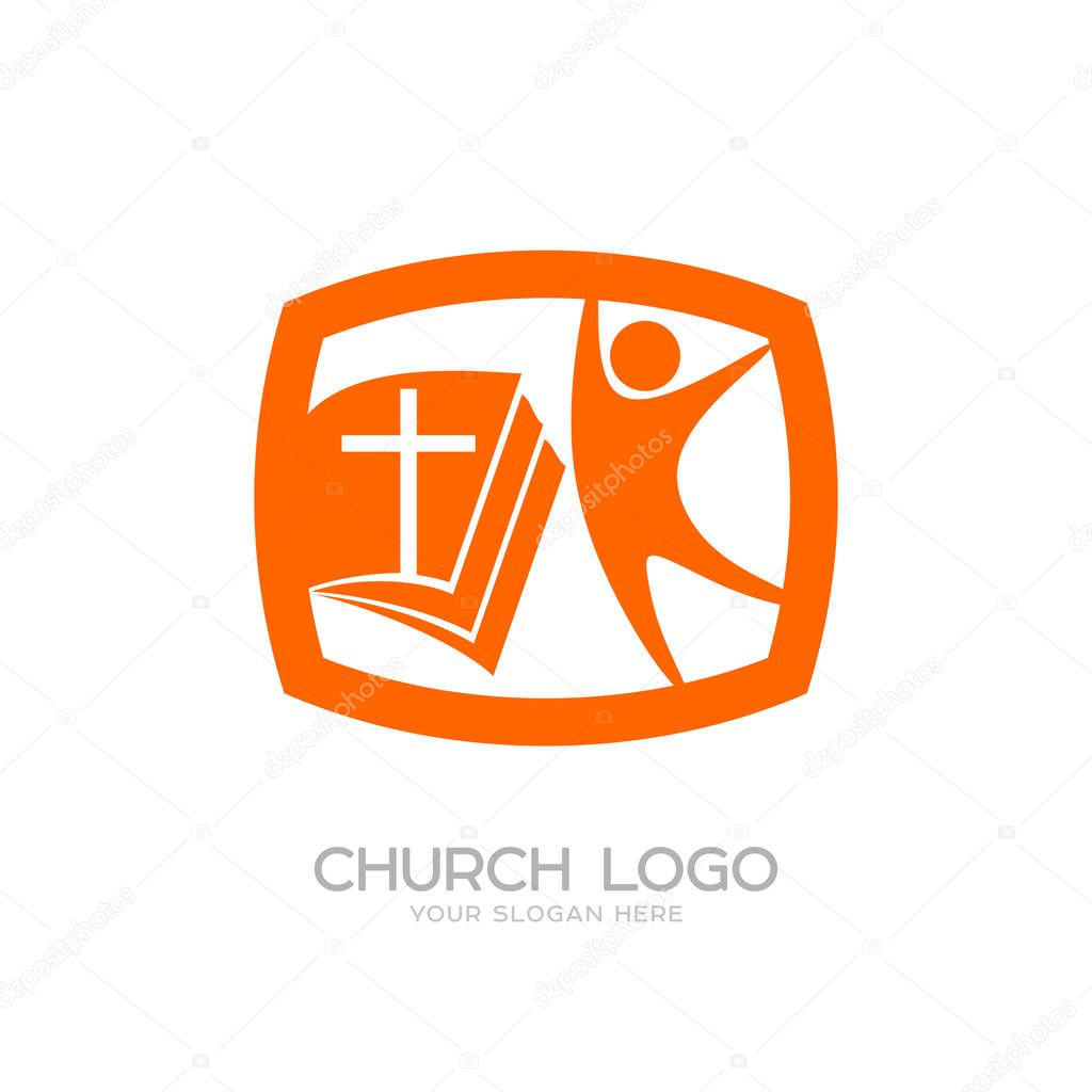 Church logo. Cristian symbols. The Bible, the cross of Jesus and man