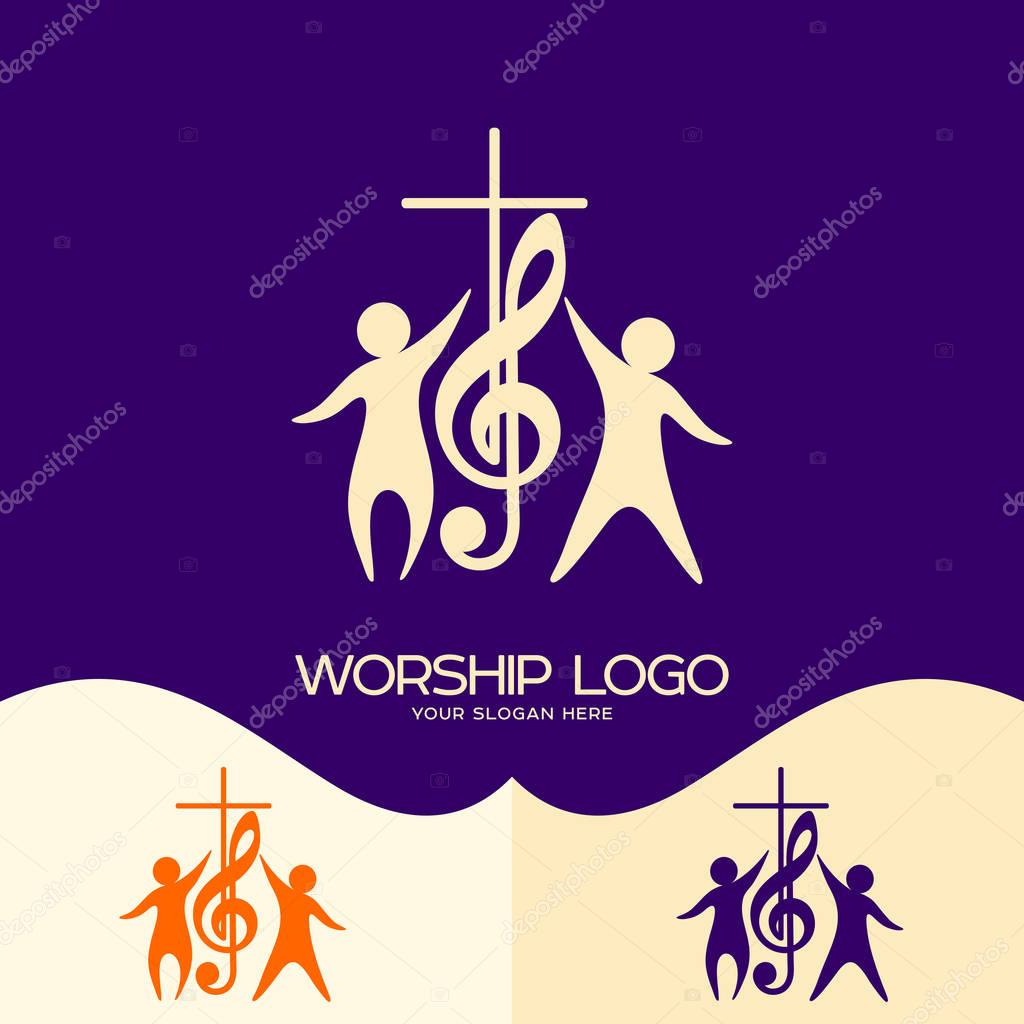 Worship logo. Cristian symbols. Cross, musical note and worshiping Jesus