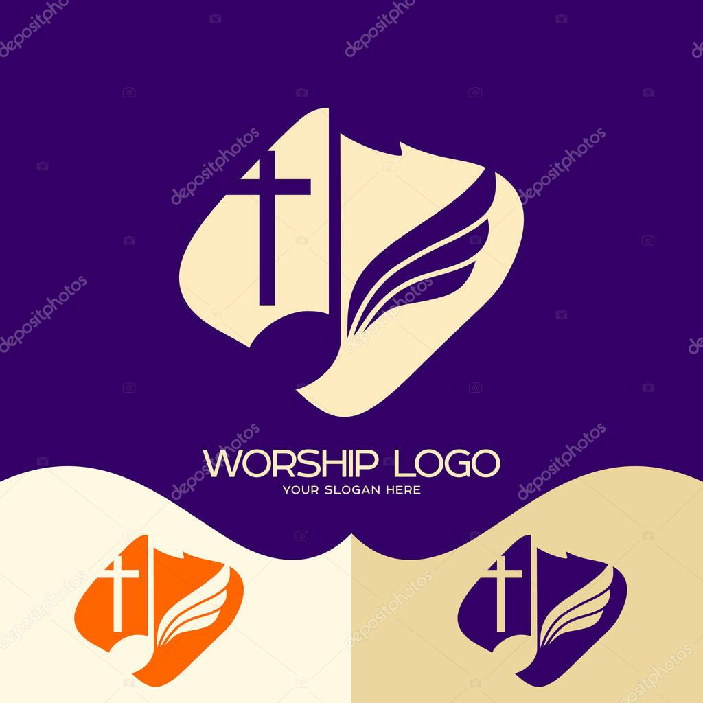 Worship logo. Cristian symbols. Cross of Jesus, musical note and wing