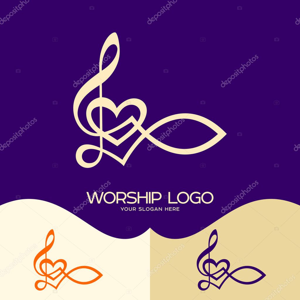 Worship logo. Cristian symbols. The Fish of Jesus and the musical note - the treble clef