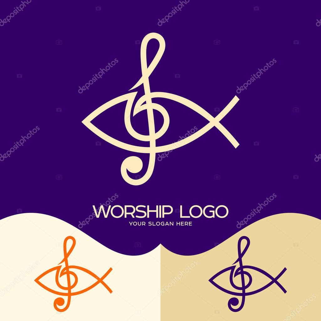 Worship logo. Cristian symbols. The Fish of Jesus and the musical note - the treble clef