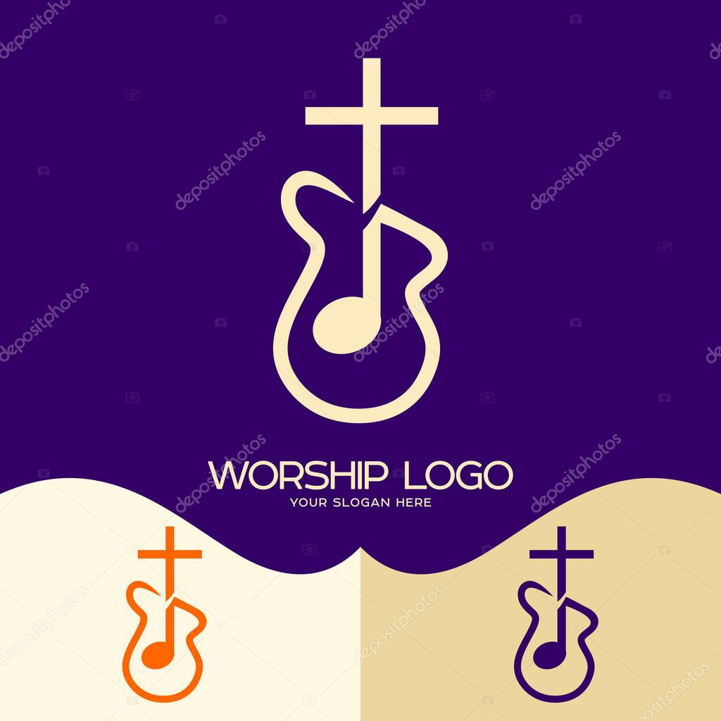 Worship logo. Cristian symbols. Cross of Jesus, musical note and guitar