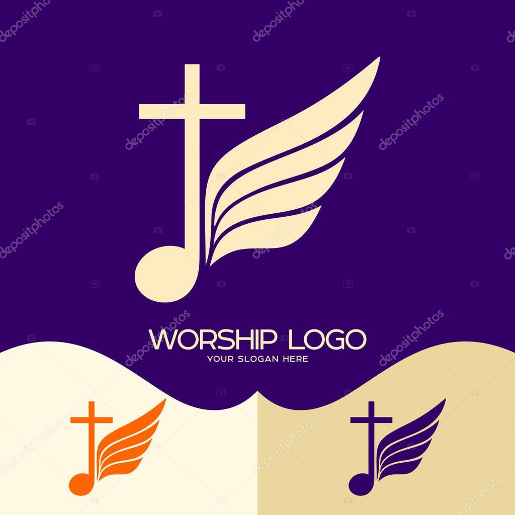 Worship logo. Cristian symbols. Cross of Jesus, musical note and wing