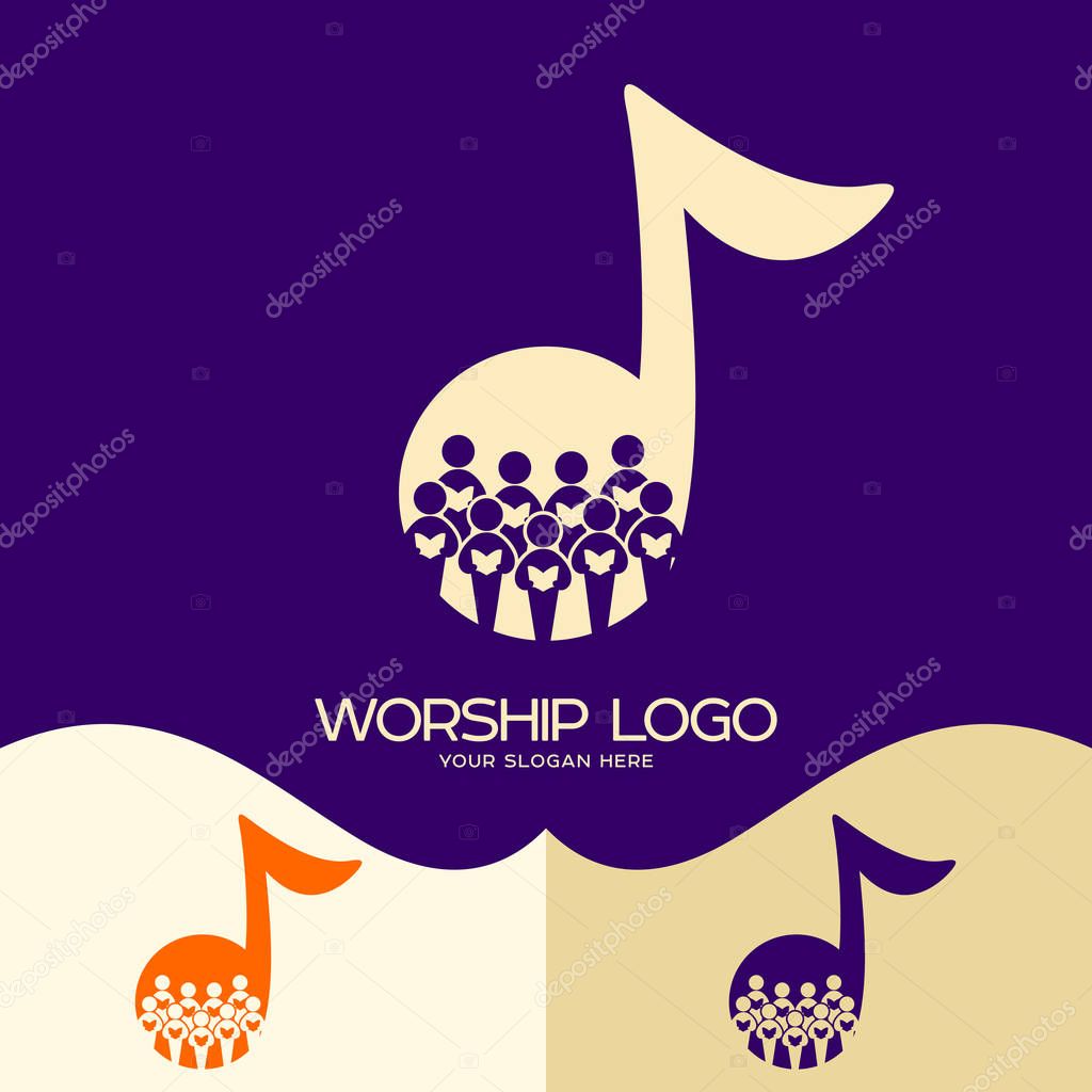 Worship logo. Cristian symbols. Choir in the background of a note