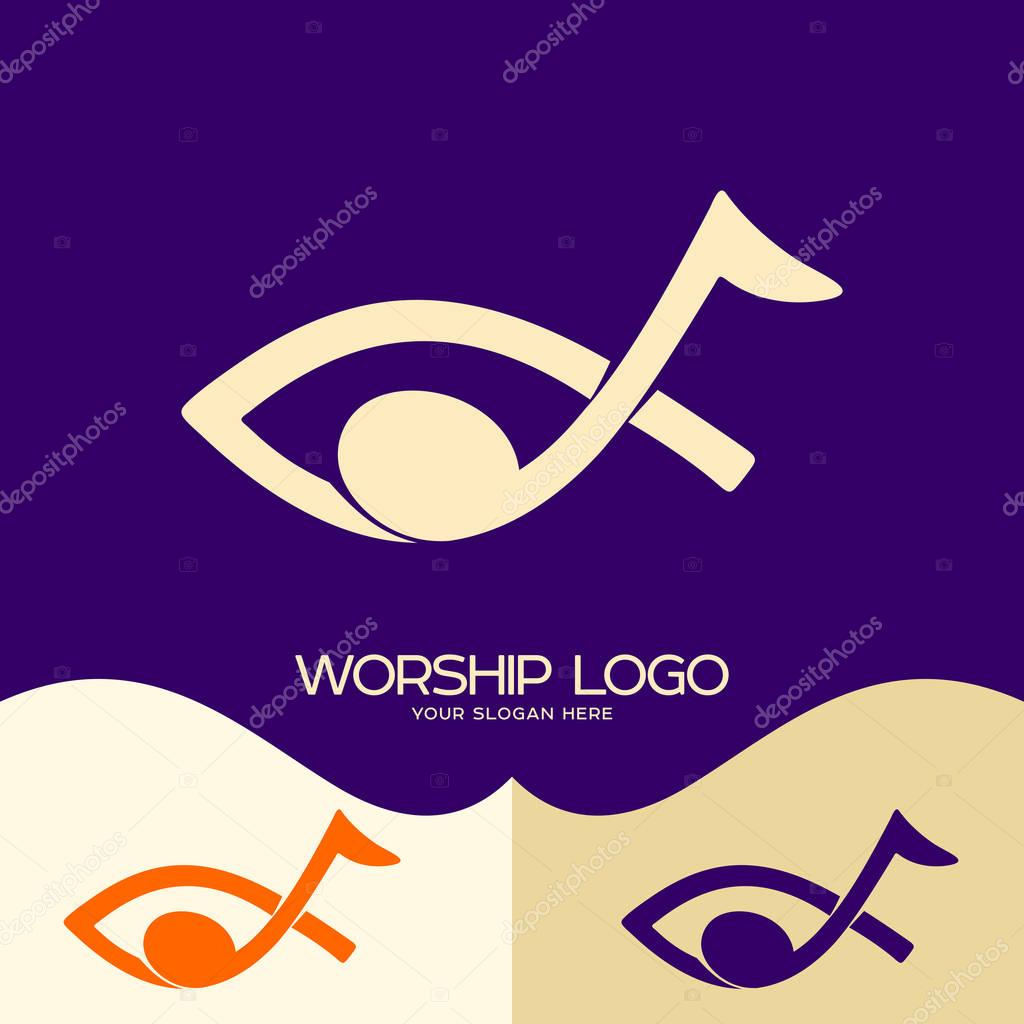 Worship logo. Cristian symbols. The note and the fish of Jesus