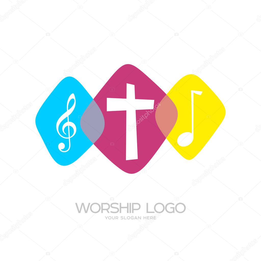 Worship logo. Cristian symbols. Worship logo. Cristian symbols. The cross of Jesus and musical notes