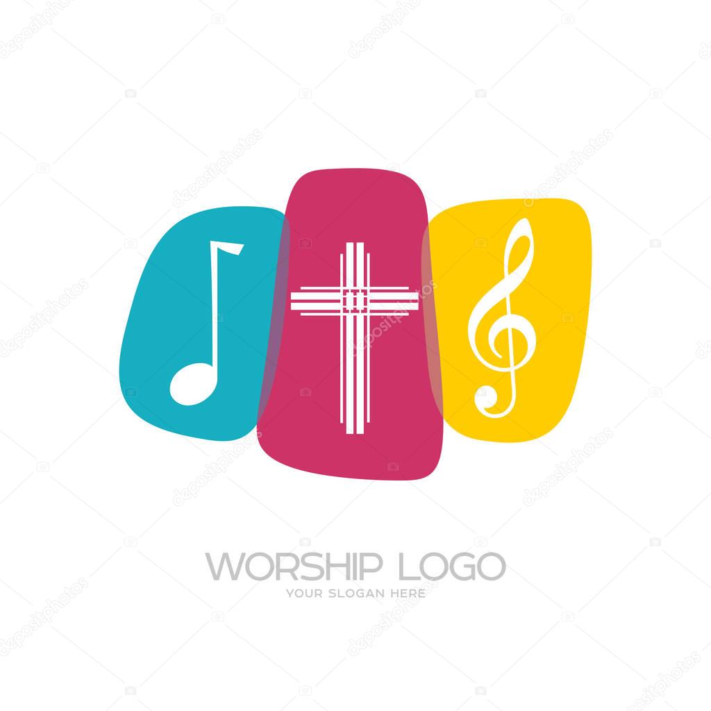 Worship logo. Cristian symbols. Worship logo. Cristian symbols. The cross of Jesus and musical notes