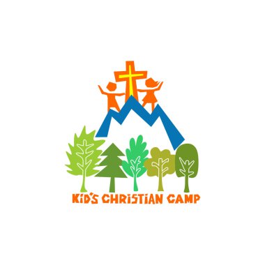 Çocuğun Hıristiyan kampı logosu. Tanrım, çocuklar, Dağları ve ağaçları haç
