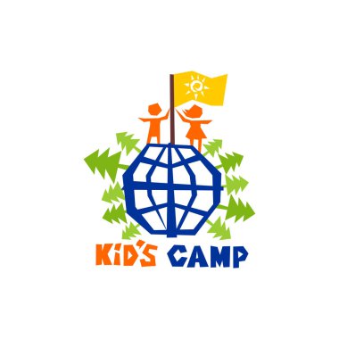 Logo çocuk kampı. Dünya üzerinde bir bayrak çocuklarla