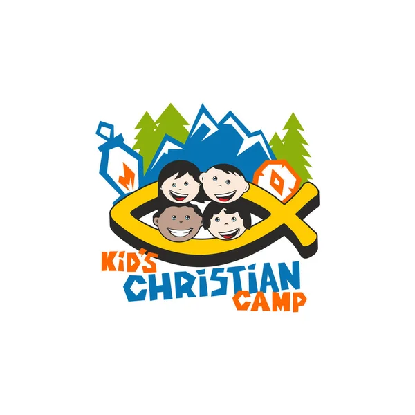 Logo of kid's Christian camp. Fish is a sign of Jesus, children, mountains and a compass.