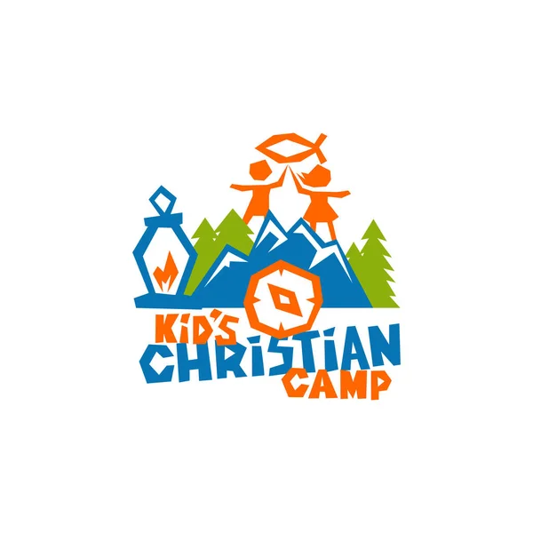 Логотип детского христианского лагеря. Рыба является знаком Иисуса, детей, гор и компаса . — стоковый вектор