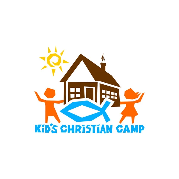 Logo del campo cristiano dei bambini. La casa, il sole, i bambini, i pesci - il segno di Gesù — Vettoriale Stock