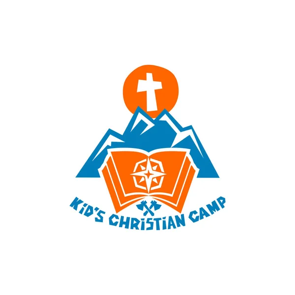 Logo chrześcijański obóz dla dzieci. Góry, krzyż, Biblii i kompas. — Wektor stockowy