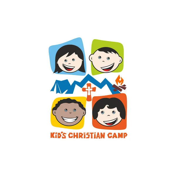 Logo des christlichen Kinderlagers. Berge, Kreuz, Zelt, Feuer, Kinder — Stockvektor