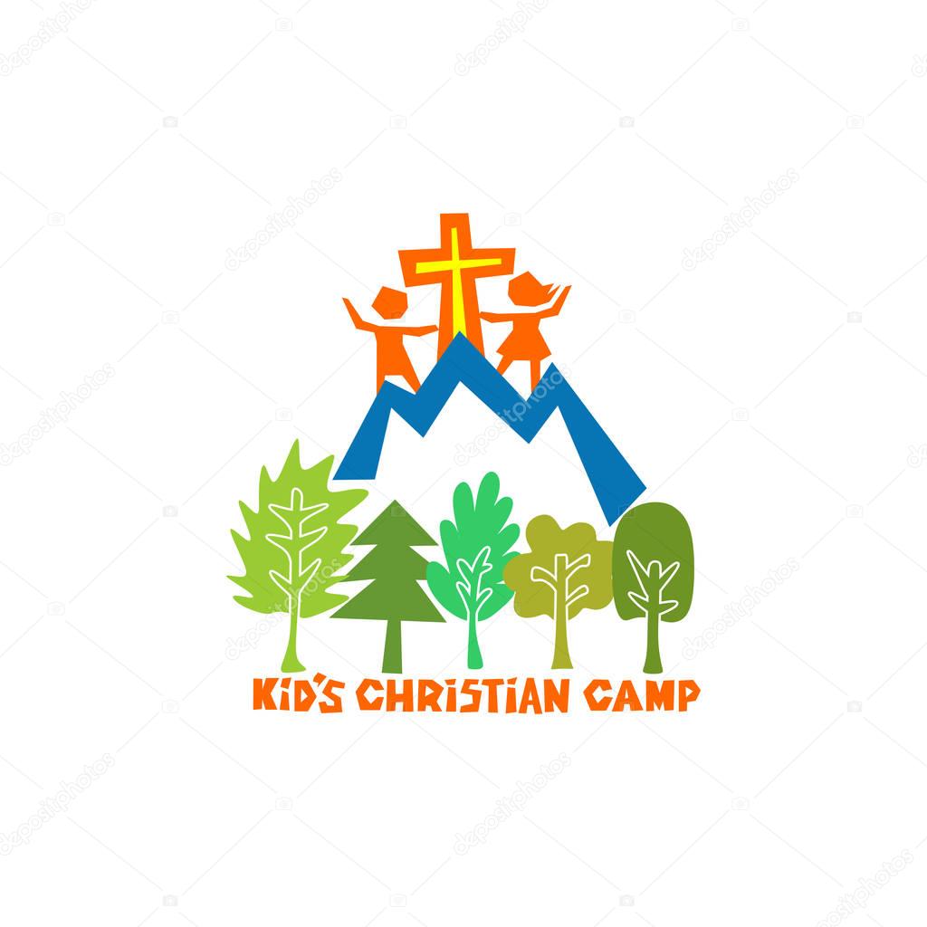 Logo of kid's Christian camp. Cross of Jesus, children, mountains and trees