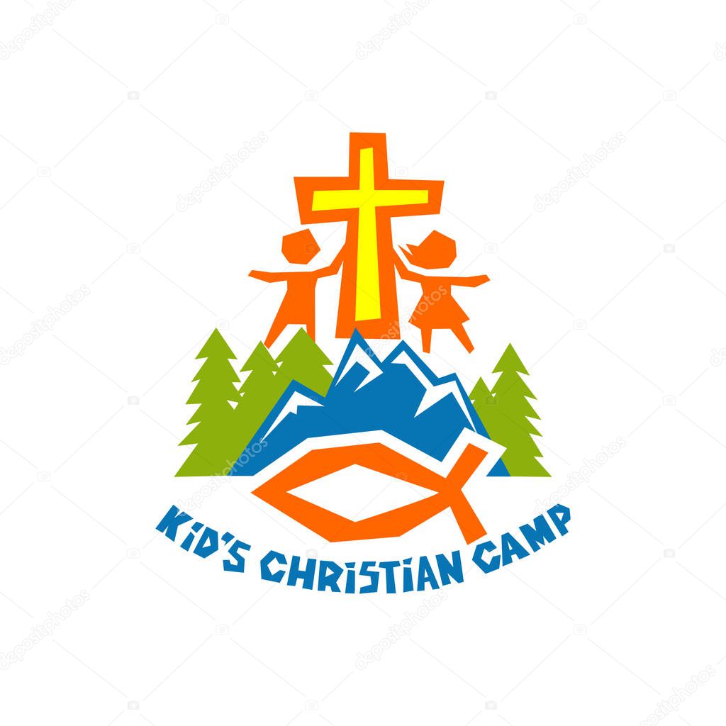 Logo of kid's Christian camp. Fish, the cross of Jesus, children, mountains and trees