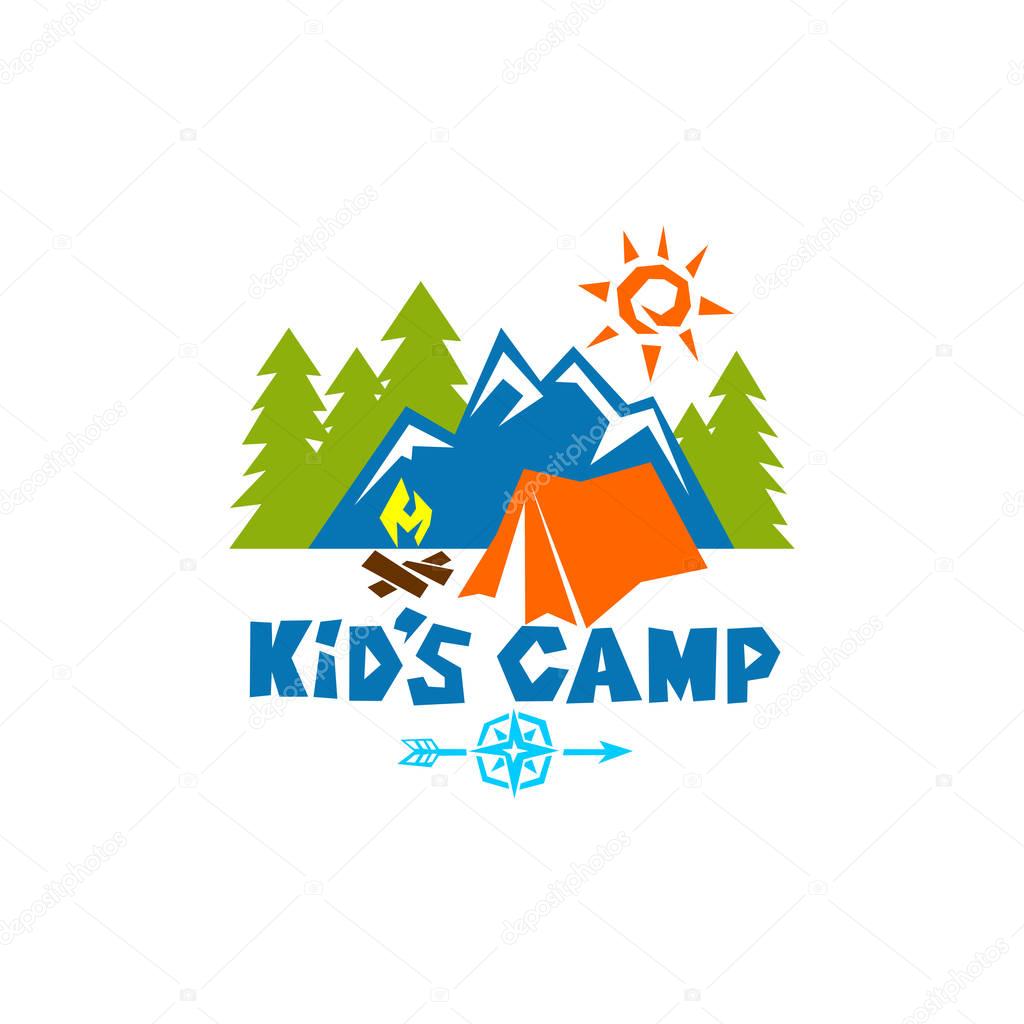 Logo of the kid's camp. Mountains, compass, tent, fire and trees
