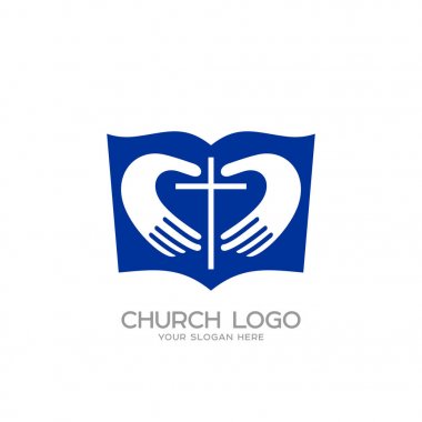Kilise logosunu görmeniz gerekir. Hıristiyan sembolleri. İncil, kalp ve İsa'nın haç oluşturan eller