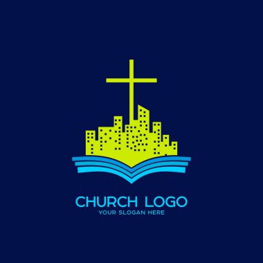 Kilise logosunu görmeniz gerekir. Hıristiyan sembolleri. Açık bir İncil ve İsa'nın yetkisi altında bir şehir