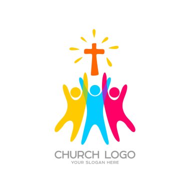 Kilise logosunu görmeniz gerekir. Hıristiyan sembolleri. İnsanlar İsa Lord Christ ibadet