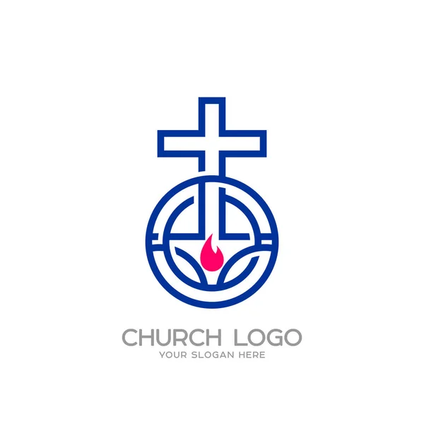 교회 로고입니다. 기독교 기호입니다. 예수와 불꽃의 십자가 — 스톡 벡터