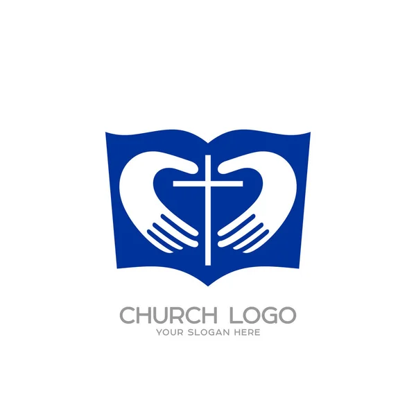 Logotipo da igreja. Símbolos cristãos. A Bíblia, mãos formando o coração e a cruz de Jesus —  Vetores de Stock