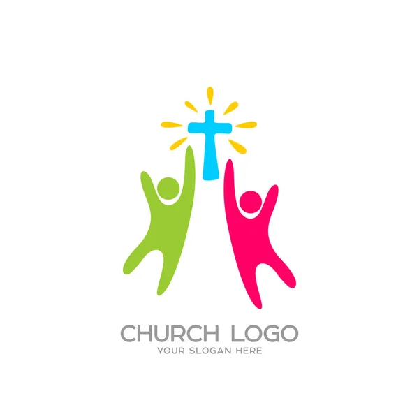 Templom logó. Keresztény szimbólumokkal. Az emberek imádják az Úr Jézus Krisztus — Stock Vector