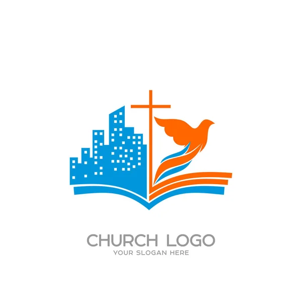 Church logo. Christian symbols. The open bible, the cross of Jesus, the city and the dove — Stock Vector