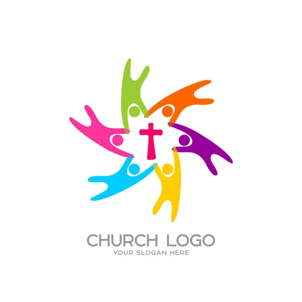 Logotipo da igreja. Símbolos cristãos. Pessoas unidas pelo Salvador Jesus — Vetor de Stock
