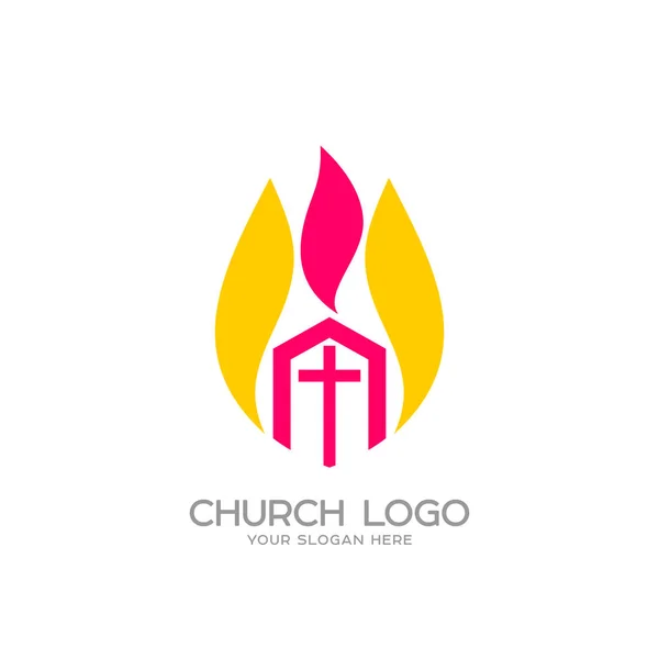 Kirchenlogo. Christliche Symbole. die Kirche Christi und die Flamme des Heiligen Geistes — Stockvektor
