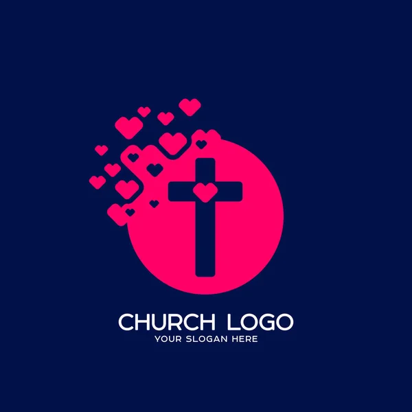 Logo de la iglesia. Símbolos cristianos. La cruz de Jesús y el corazón — Vector de stock