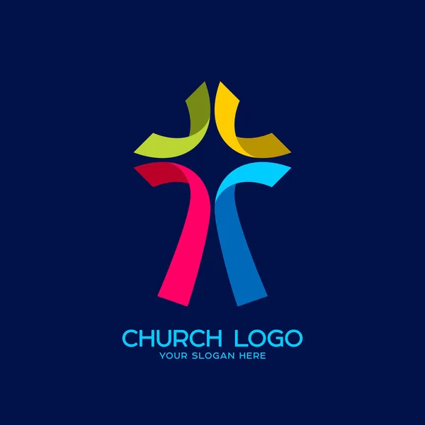 교회 로고입니다. 기독교 기호입니다. 컬러 스트립의 예수의 교차 — 스톡 벡터