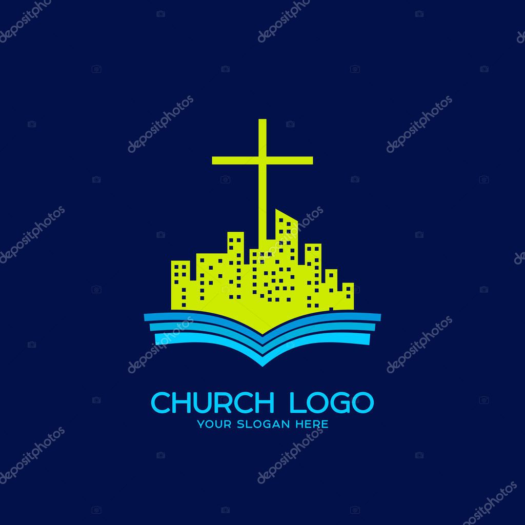 Church logo. Christian symbols. An open bible and a city under the authority of Jesus